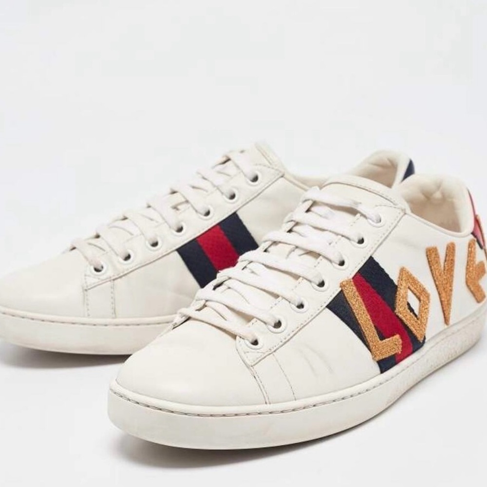 Gucci Leather Web Ace Lace Up Embroidered Loved Sneakers White Womens Size 37